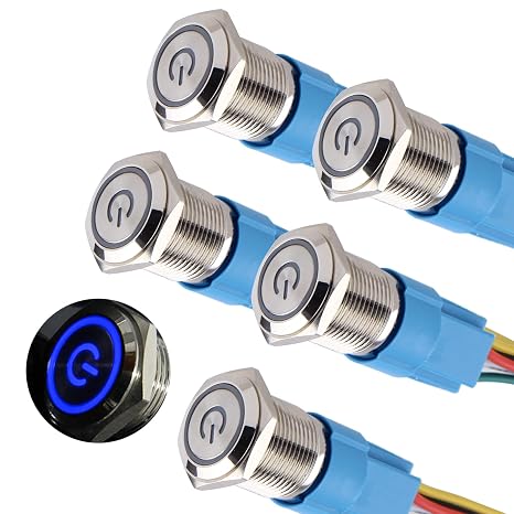 5Pcs 16mm Metal Latching Push Button Switch Waterproof Silver Shell 12V-24V 1NO 1NC ON-Off for 5/8" Mounting Hole with Pigtail Power Symbol Blue LED