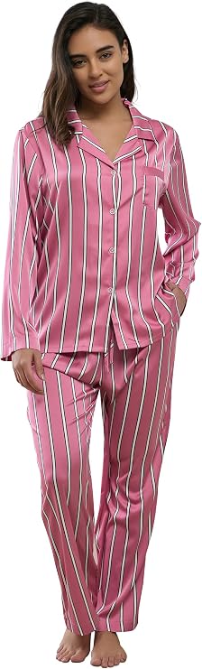 YiNi LuLu Womens Silk Satin Pajamas Set Button Down 2 Piece Pjs Long Sleeve Oversized Sleepwear with Pockets