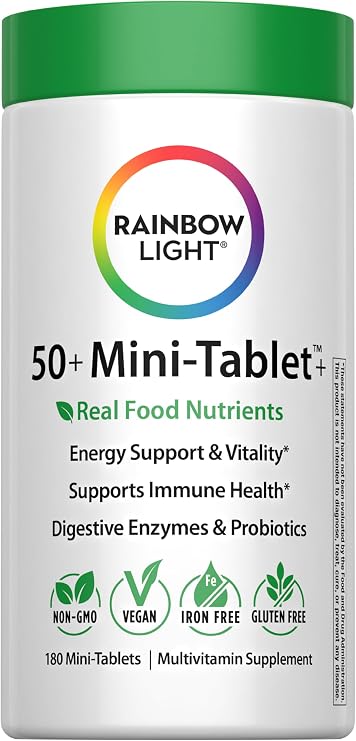 Rainbow Light - 50+ Mini-Tablet Food-Based Multivitamin - Age-defense Formula Probiotic and Antioxidant Formula; Vitamins and Minerals Support Immune, Heart, Skin, Eye, Bone and Prostate - 180 Tablets