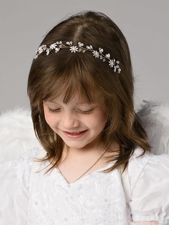 SWEETV Flower Girl Headpiece Wedding Headband for Girls Princess Crystal Pearl Hair Accessories for Women Little Girl Birthday Party First Communion Wedding