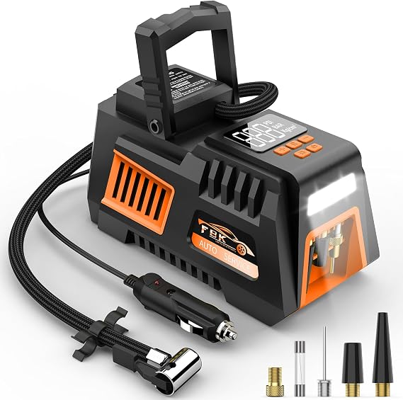 Portable Tire Inflator Digital Air Compressor 12V DC Tire Air Pump Car Accessories with Auto Shut-Off Function, Emergency LED Light, Carrying Case, Set of Nozzle Adaptors for Car, Motorcycle, Bicycle