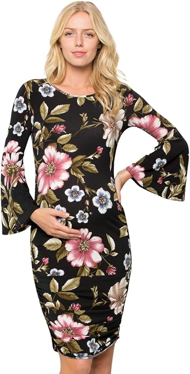 My Bump Women's Maternity Dress - Printed Fitted Stretch Bell Sleeve W/Ruched