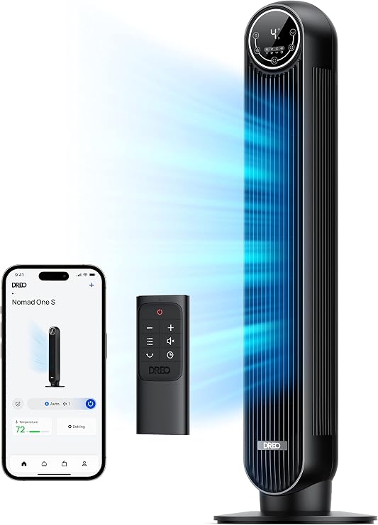 DREO Smart Tower Fan for Bedroom, 28ft/s Velocity, 8 Speeds Ultra Quiet Fan
