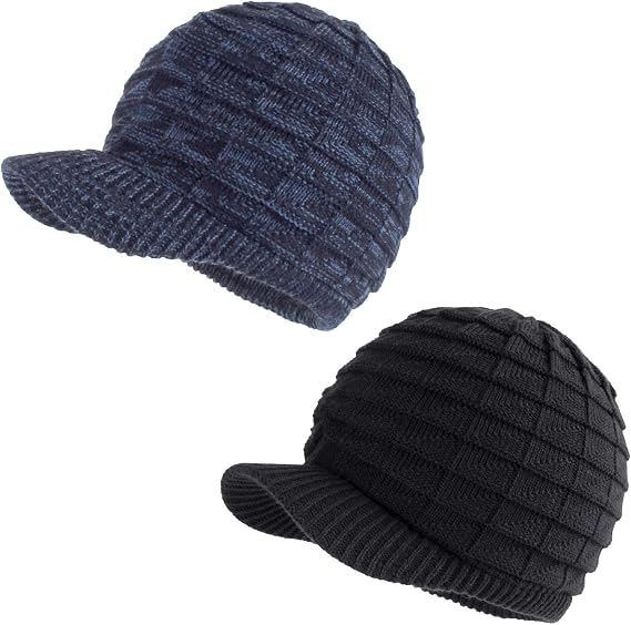 LANGZHEN Unisex Winter Hats with Visor Warm Ski Hat Stylish Knitted Hat for Men and Women(Black+Navy-Melange)