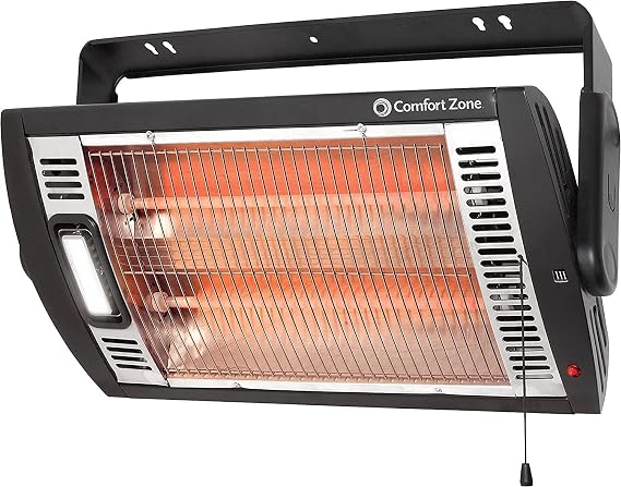 Comfort Zone 1500W Ceiling Mounted Dual Quartz Radiant Heater Infrared Workshop Heater with 90 Adjustable Tilt, Built-in Halogen Light & Pull String Control Overheat Protection, Black