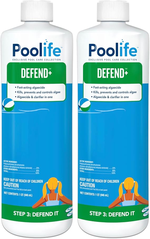 Poolife Defend+ Algaecide 1 Qt (2 Pack) - Dual-Action Pool Algae Control & Water Clarifier - Non-Foaming Fast-Acting Formula - Kills Green, Black & Mustard Algae - for All Pool Types