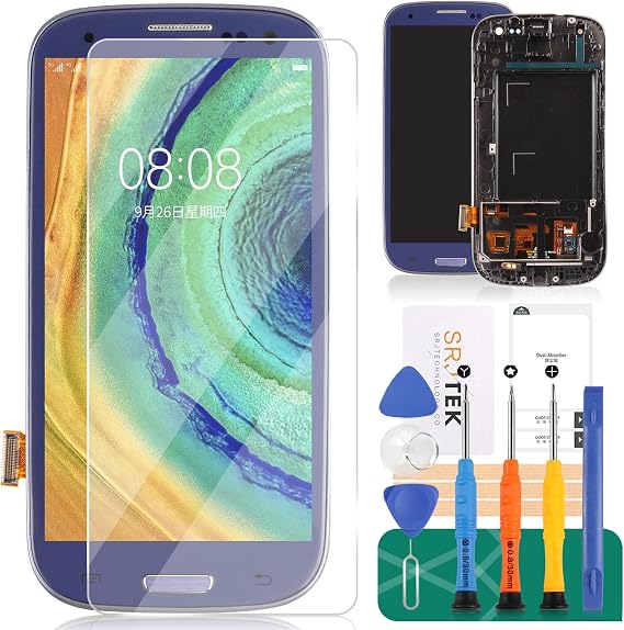 for Samsung Galaxy S3 i9300 i9301 i535 LCD Replacement Touch Screen Digitizer TFT Display Touchscreen Glass with Frame Assembly Kits,(NOT AMOLED) Include Tempered Glass (Blue)(Only Fit i9300)