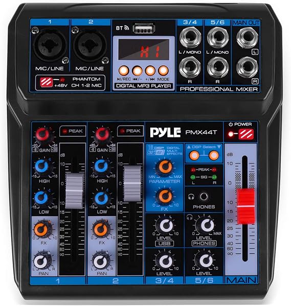 Pyle Professional Wireless DJ Audio Mixer - 6-Channel Bluetooth Compatible DJ Controller Sound Mixer w/DSP Effects, USB Audio Interface, Dual RCA In, XLR/1/4" Microphone In, Headphone Jack PMX44T