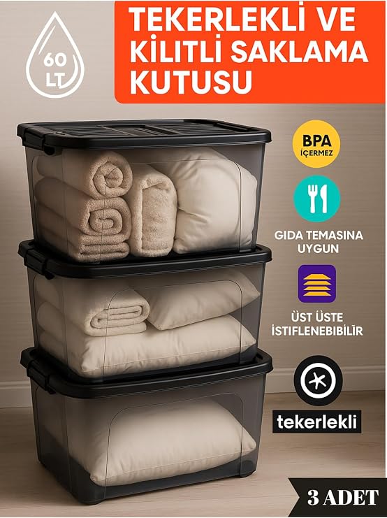 60 LT Tekerlekli Kilitli Saklama Kutusu 3’lü Set Kapaklı Şeffaf BPA İçermez Üst Üste İstiflenebilir Siyah