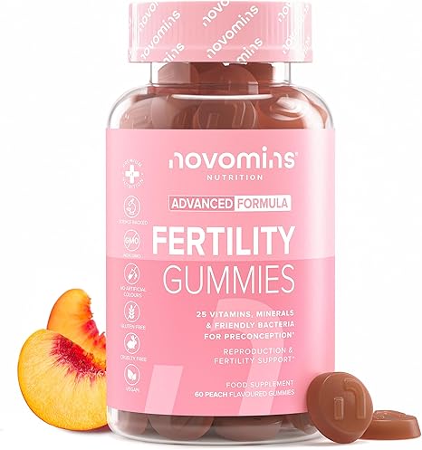 Novomins Fruchtbarkeit Gummies - 25 Nährstoffe für Kinderwunsch & Schwangerschaft - mit Folsäure Inositol Choline Eisen Probiotika für Frauen - Vegane Schwangerschaftsvitamine - 60 Gummis