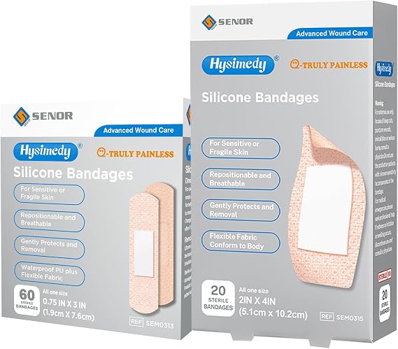 Silicone Bandages for Sensitive Fragile Skin - 2" x 4" 20 Counts & 3/4" x 3" 60 Counts