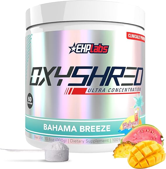 EHP Labs OxyShred Pre Workout Powder - Preworkout Powder with L Glutamine & Acetyl L Carnitine, Energy Boost Drink - Bahama Breeze/Beach, 60 Servings