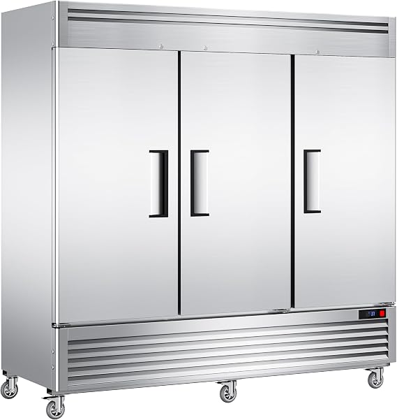 Coolake 82" Width Commercial Refrigerator 3 Solid Doors, 72 Cu.ft Stainless Steel Reach-in Upright Fridge with LED Lighting, Fan Cooling Refrigerator for Restaurant Cafe Hotel Kitchen Prep Area