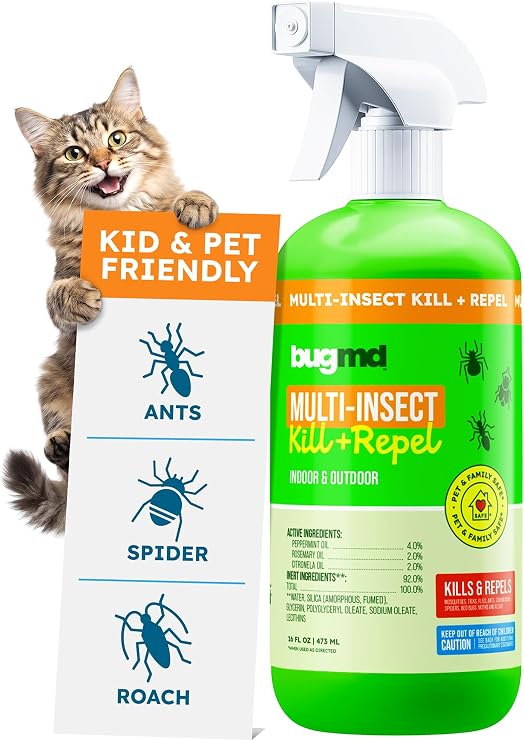 BugMD Pet Safe Multi-Insect Killer and Repellent Spray | Peppermint Oil for Spiders, Ants and Roaches, Indoor and Outdoor Bug Defense | 16 Fl Oz