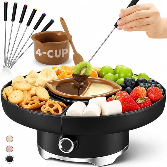 LUSHYUM Electric Chocolate Fondue Set 800ml Capacity Larger Turntable
