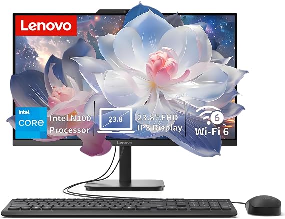 Lenovo V100 23.8" FHD All-in-One Desktop Computer, Intel N100 Processor, 8GB RAM, 512GB PCIe SSD, Wi-Fi 6, Bluetooth 5.2, Anti-Glare IPS Display, Windows 11 Home, Everyday Use