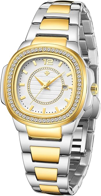 Women's Bling Diamond Bezel Square Dial Stainless Steel Waterproof Watch