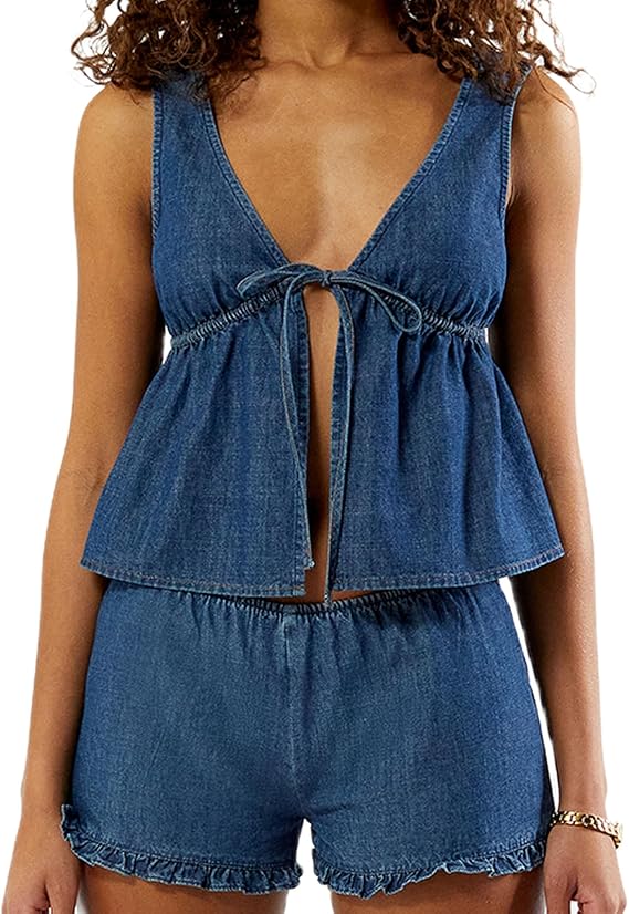 Yoawdats Women's Denim 2 Piece Set Casual Sleeveless Jean Blazer Vest Tops and Shorts Business Outfit Jeans Tracksuits