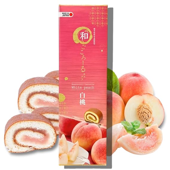 Wagokoroll Castella Roll Cake, White Peach Flavor - Authentic Japanese Confectionery, Asian Sweets, Made in Japan by Penguin, 200g (Pack of 1, Peach)