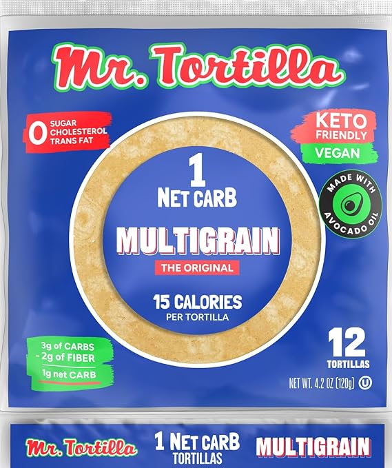 Mr. Tortilla Low Carb Tortilla Wraps - Keto Tortillas with Avocado Oil - Street Taco Size - 1 Net Carb per Serving - Low Calorie Keto Wraps - Low Carb Tortillas - Multigrain, 12 Count