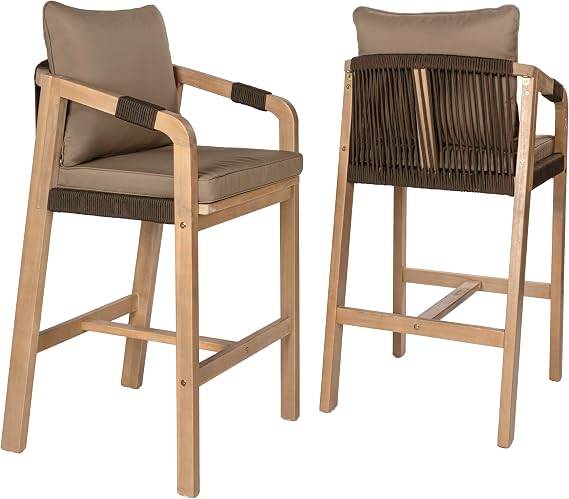 JONATHAN Y Porto Rope Acacia Wood Bar Stool Set of 2, Brown/Light Teak