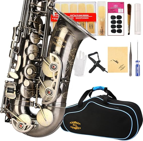 GLORY Engraved Flower Design High Grade Antique Finish Series PR4, E Flat Alto Saxophone with 11reeds,8 Pads Cushions,case,carekit