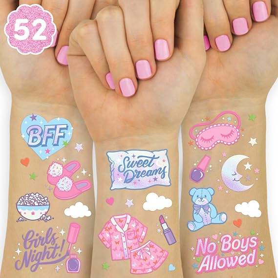 xo, Fetti 52pc Pink Sleepover Temporary Tattoos | Girls Birthday Favors