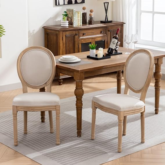French Style Dining Chairs Set of 2, Solid Wood Frame, Linen Fabric Upholstered, High Back Support, Beige Country Kitchen Side Chairs