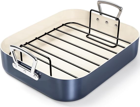 MICHELANGELO Ceramic Roasting Pan with Rack, Turkey Roasting Pan with Nonstick Ceramic Coating, Deep Turkey Roaster Pan, 15 Inch x 13 Inch - Haze Blue