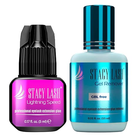 Lightning Speed Eyelash Extensions Glue Stacy Lash 5ml + 15ml Gel Remover/ 0.3 Sec Drying time/Retention 6-8 Weeks/Lowest Fumes/Maximum Bonding Power/Professional Use Only/Black Adhesive