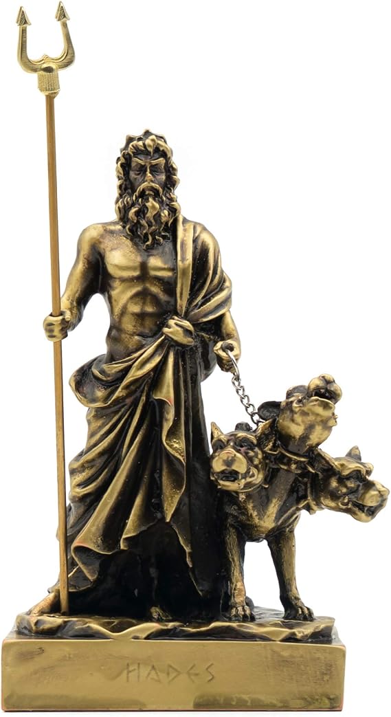 Helcee Handmade Bronze Plated Hades with Cerberus Statue 6 in