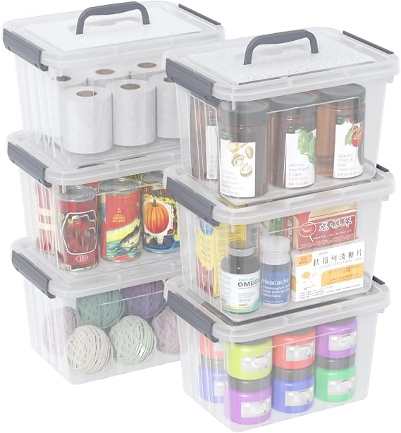 6 Packs 6 L Clear Plastic Storage Boxes with Lid & Handle, Grey