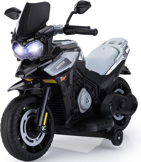 TOBBI 12V Electric Motorcycle for Kids Ride-On Toy w/Training Wheels, Music