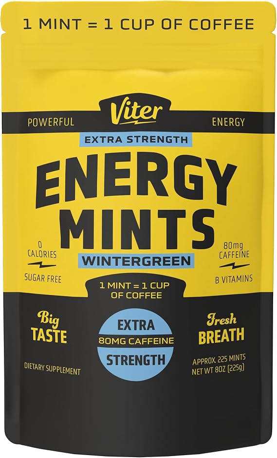 Viter Energy Extra Strength Caffeinated Mints 80mg Caffeine, B Vitamins, Sugar Free. (Wintergreen, 8oz, Bulk Bag)