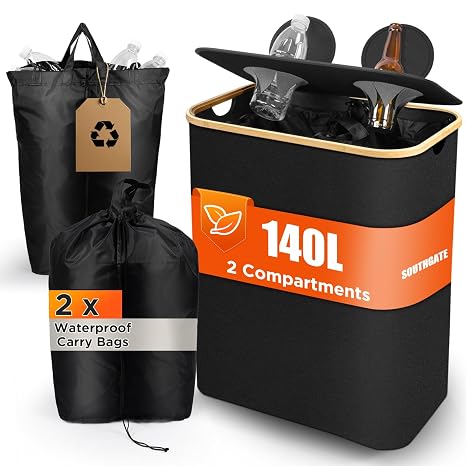 SOUTHGATE 37 Gallon Recycling Bin for Kitchen with 2 Compartments, 140L Large Indoor Recycling Trash Can with Lid, 2 Removeable Reusable Inner Bags Bottle Can Glass Waste Plastic Stickers, Black