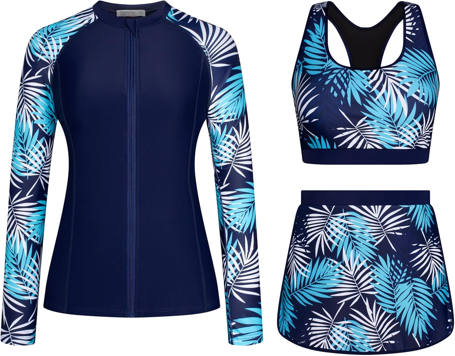 JASAMBAC Womens 3 Piece Rash Guard Zip Up UPF 50 Swim Shirt Built in Bra Long Sleeve Swimsuits Swim Skirt with Bikini Brief