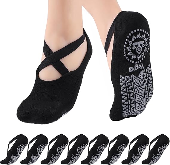 WomenS Grip Yoga Socks, 4 Pairs Black Toe Socks For Pilates Ballet