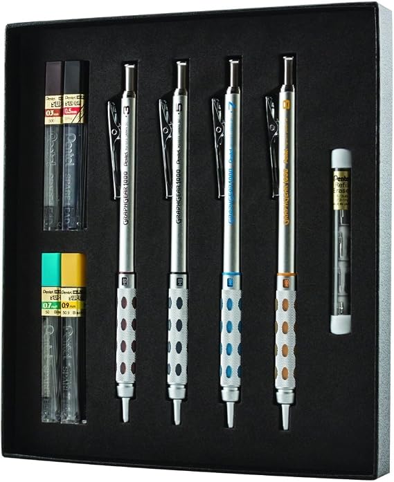 Pentel Arts GraphGear 1000 Mechanical Pencil Premium Gift Set with Refill Leads & Erasers (PG1000BXSET)