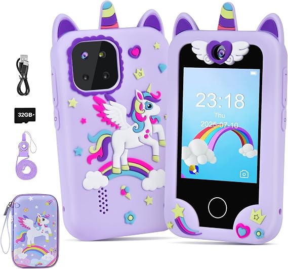 Kids Smart Phone, Toddler Unicorn Phone Toys for 3 -10 Year Old Kids, Mobile Phone Toy with Dual Cameras, 2.8 Inch Touchscreen, Learning, Music Player, Games, 32 GB Card and Bag (Purple)