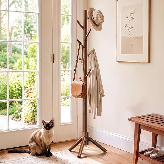 AMADA Solid Wooden Coat Rack Freestanding with 8 Hooks, Walnut