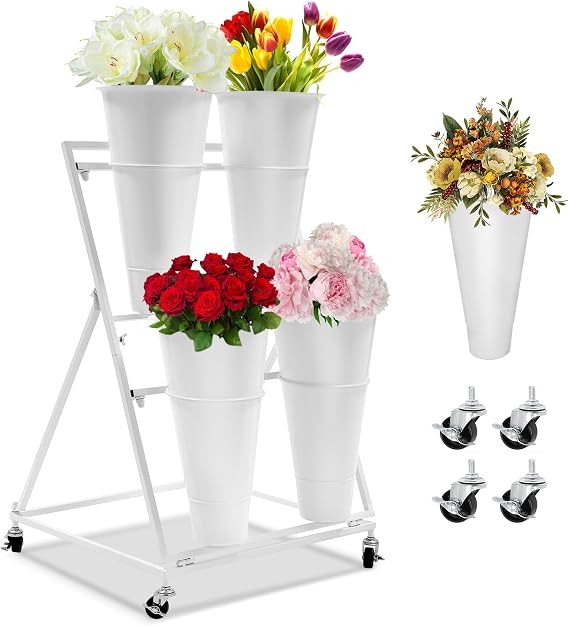 Flower Display Stand with 4 Buckets, 2-Tiers Metal Mobile Florist Bouquet Stand Flower Cart with 4 Wheels for Indoor Outdoor Patio Garden, Living Room, Florist