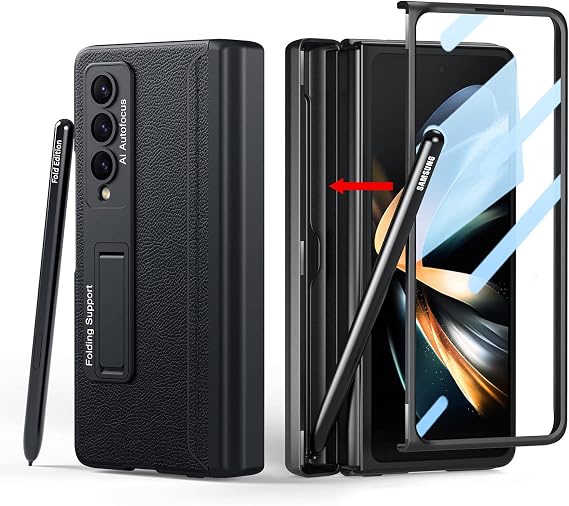 Compatible with Samsung Galaxy Z Fold 4 Case, Built in Hidden S Pen Holder to Avoid Pen Lost, Leather on Back, Screen Protector, Hinge Protection, Wireless Charging Cover 5G 2022-Black