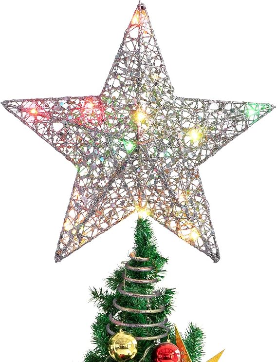 STOBOK Christmas Tree Topper,Christmas Decorations Colorful Lighted Xmas Tree Star for Christmas Tree Ornament Party Decoration(12 Inch,Silver)