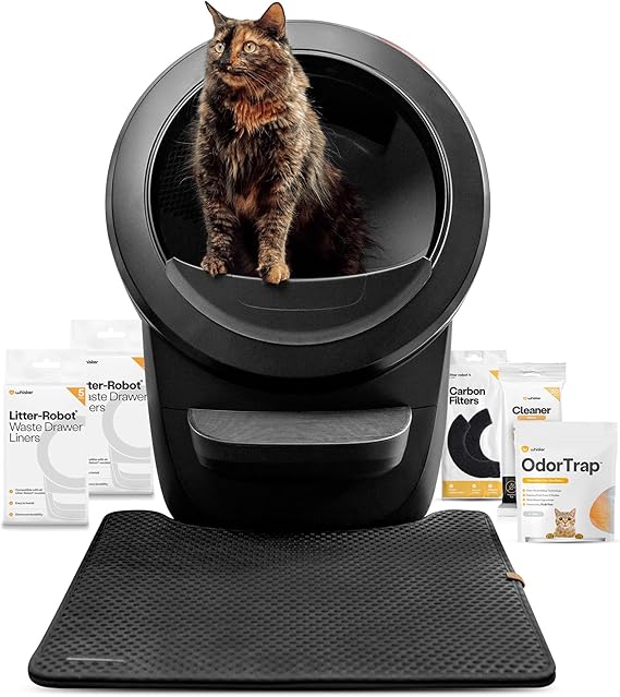 Whisker Litter-Robot 4 Supply & Accessory Bundle, Black- Automatic Self-Cleaning Cat Litter Box, Includes Litter-Robot 4, Ramp, Mat, 3 OdorTrap Packs, 10 Liners, 30 Wipes, 2 Carbon Filters