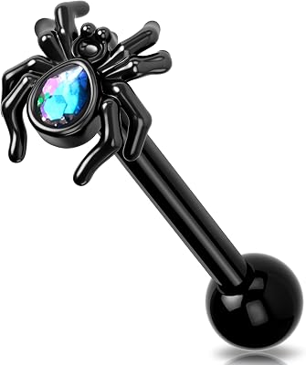 Melighting 14G Halloween Bat Spider Tongue Bar - 316L Stainless Steel, Internally Threaded Black Tongue Piercing Jewelry