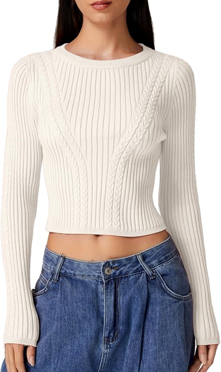QINSEN Womens Cable Knit Crewneck Sweaters Ribbed Hem Slim Fit Long Sleeve Pullover Crop Tops