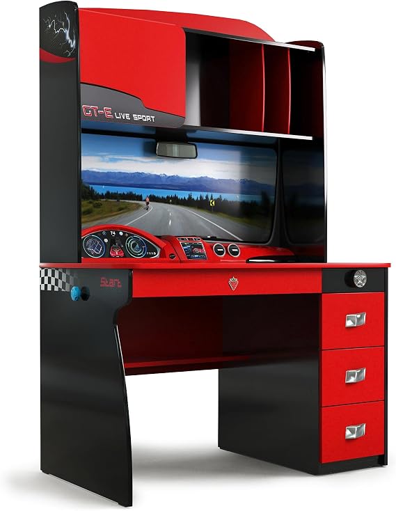 Cilek GTS EV Study Desk and Hutch with Cabinet EV Car Dashboard Design, Extra Shelves, Soft-Close Drawers, Red