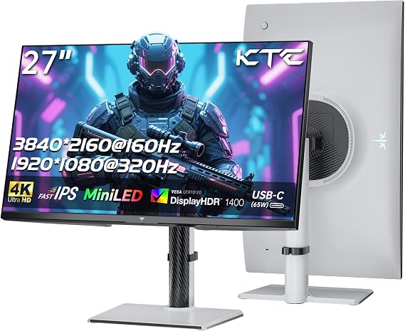 KTC 27 Inch Mini LED Gaming Monitor Dual Mode 4K 160Hz & FHD 320Hz 1152 Zones Local Dimming HDR1400 Fast IPS 1ms GTG Adaptive Sync 145% sRGB 98% DCI-P3 KVM USB-C 65W HDMI 2.1 DP 1.4 M27P6