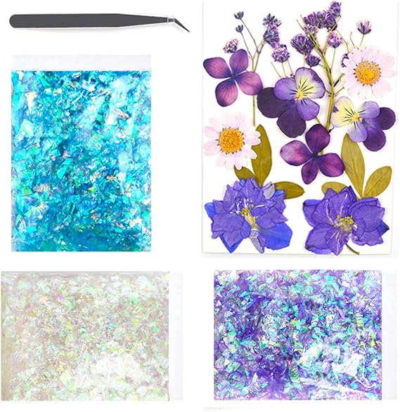 Foil Flakes Silver Blue Dried Flowers for Resin Nail Art with Tweezers Holographic Glitters Resin Fillers Jewelry Making Supplies Kit for DIY Candle Scrapbooking Decoration