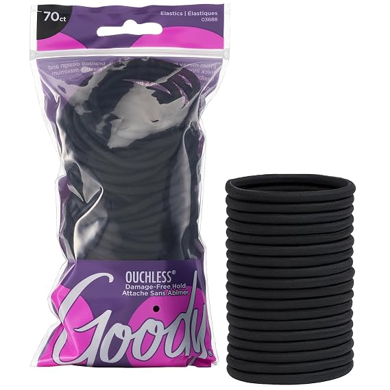 Goody Ouchless Hair Elastics No Pull, No Breakage, Tangle-Free Hold for Thick, Curly, Coily & Textured Hair 70 Count, Black, Long-Lasting Ponytail Holders for Women & Men